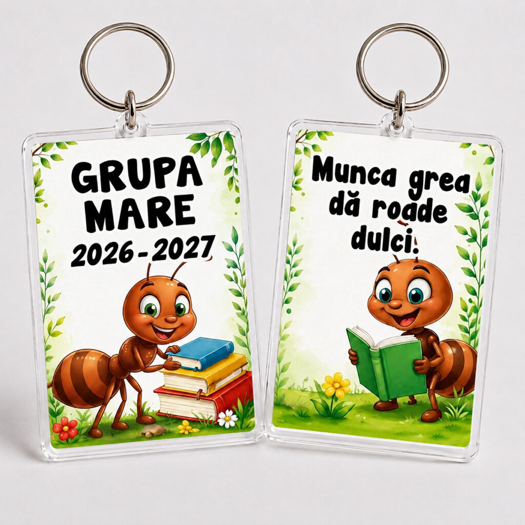 Breloc Grupa Furnicuțelor pentru prima zi de grădiniță, cu furnicuțe, cărți și mesaj motivațional