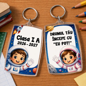 Breloc personalizat Clasa Astronauților pentru elevi, cu astronaut și mesaj motivațional