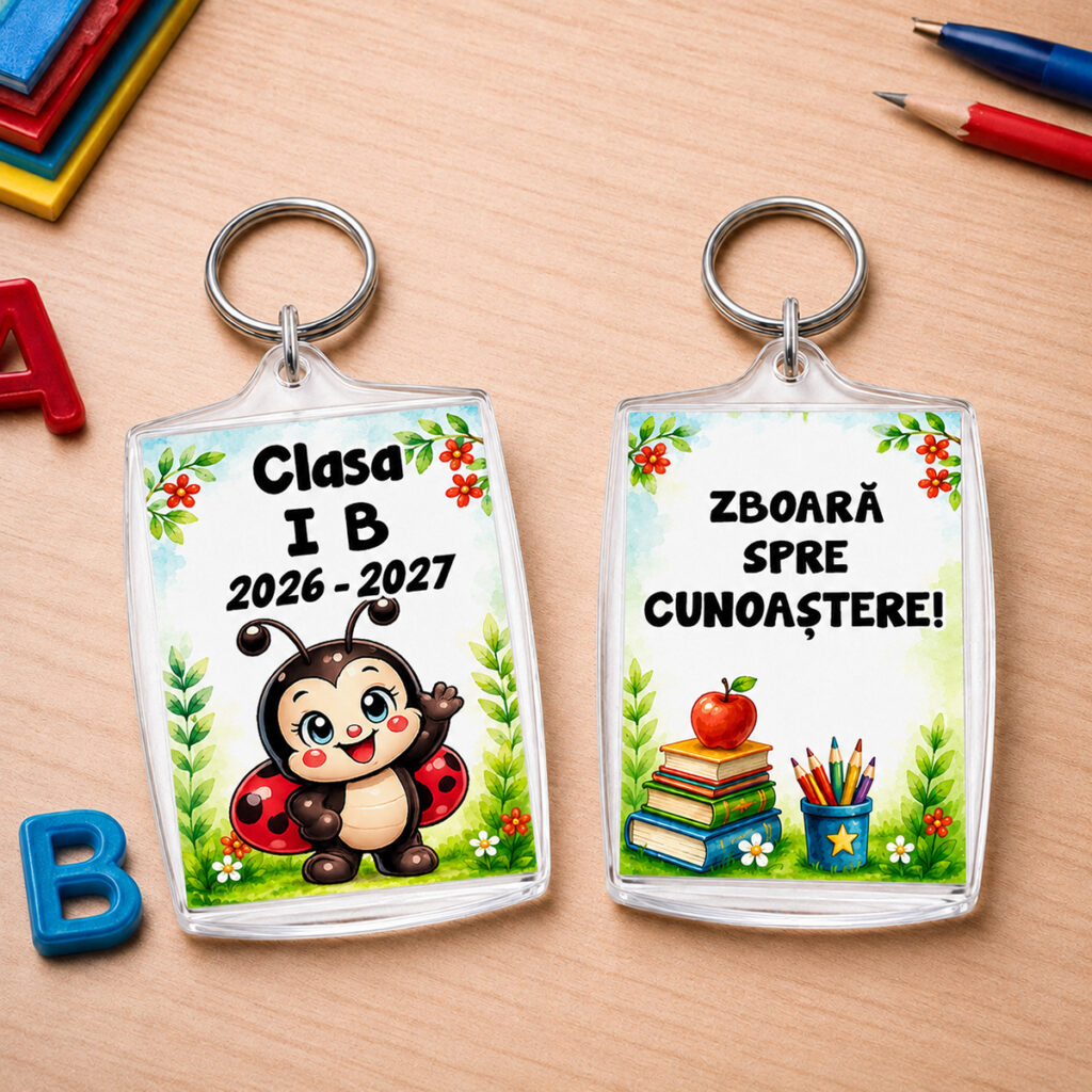 Breloc personalizat Clasa Buburuzelor pentru elevi, cu buburuză și mesaj educativ