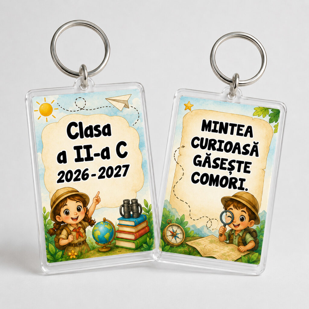 Breloc personalizat Clasa Exploratorilor pentru elevi, cu design educativ și mesaj despre curiozitate