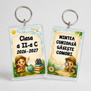 Breloc personalizat Clasa Exploratorilor pentru elevi, cu design educativ și mesaj despre curiozitate