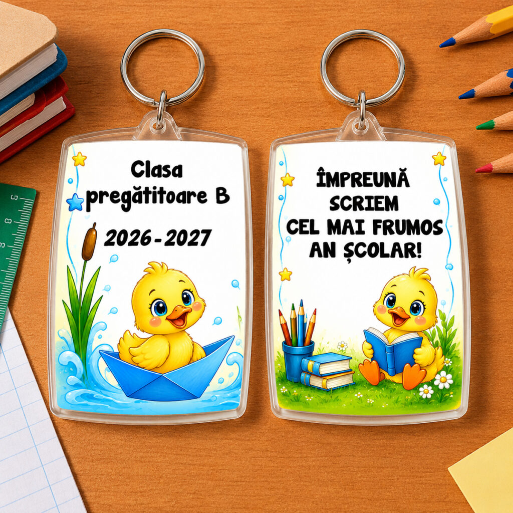 Breloc personalizat Clasa Rățuștelor, cadou pentru elevi în prima zi de școală, cu rățușcă și mesaj pentru noul an școlar
