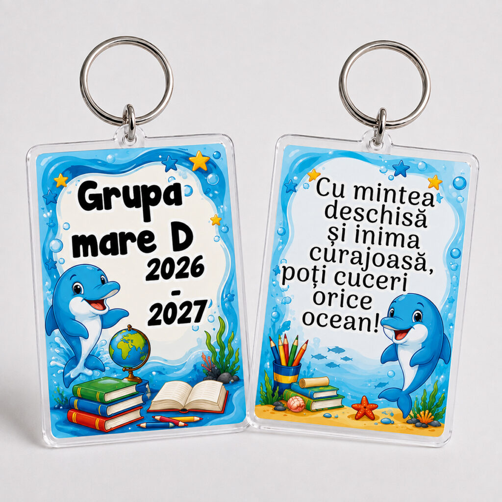 Breloc personalizat Grupa Delfinilor pentru prima zi de grădiniță sau școală, model albastru cu delfini