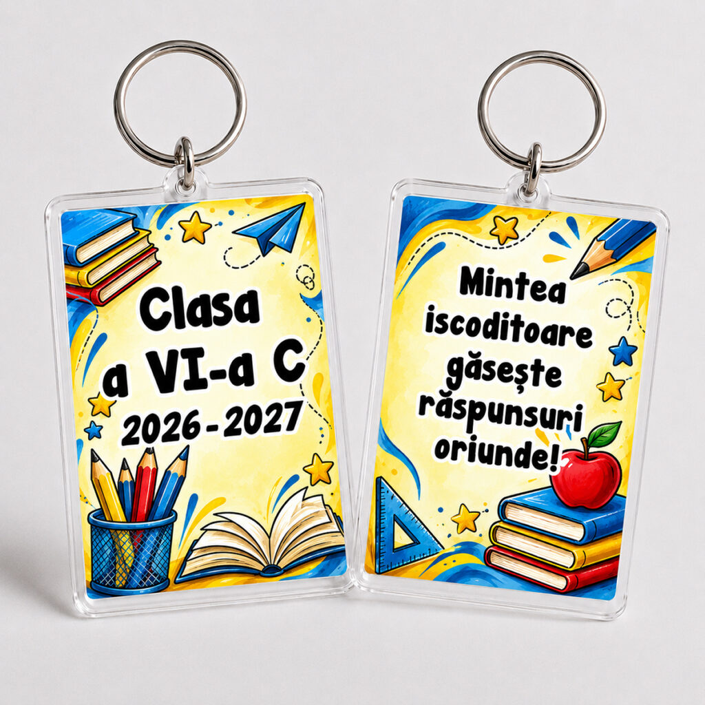 Breloc personalizat prima zi de școală pentru elevi de gimnaziu, cu numele clasei și mesaj motivațional