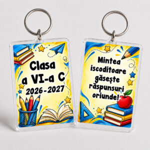 Breloc personalizat prima zi de școală pentru elevi de gimnaziu, cu numele clasei și mesaj motivațional