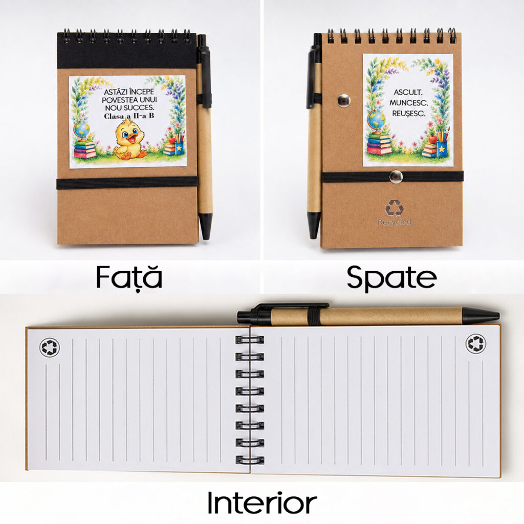 Cadou prima zi de școală - blocnotes personalizat cu spirală și pix asortat, Dedaruit