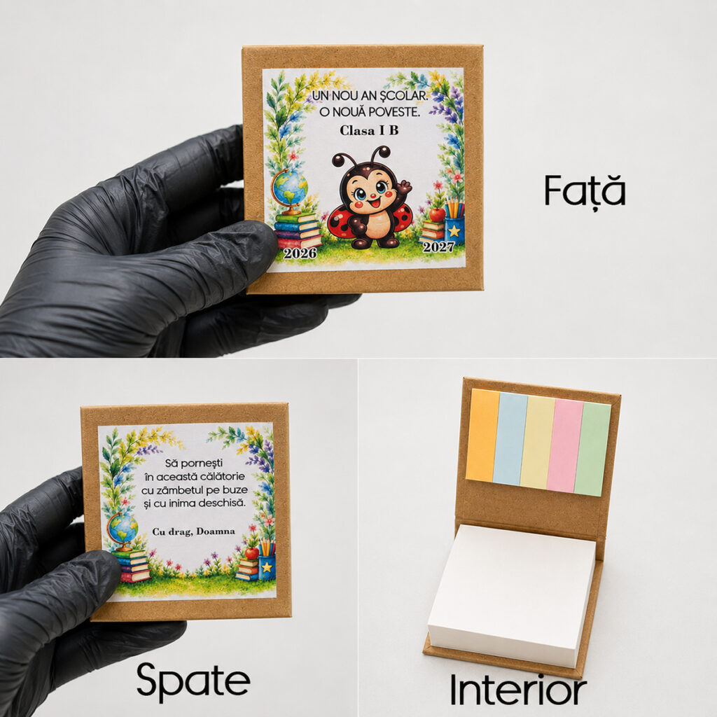 Notes personalizat prima zi de școală cu mascotă buburuză, cadou pentru elevi