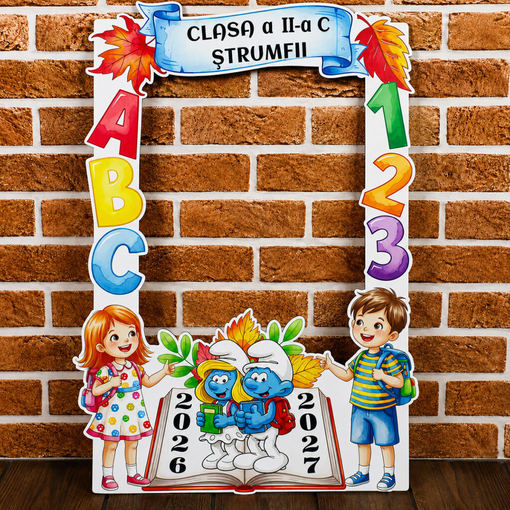 Ramă foto personalizată prima zi de școală Clasa Ștrumfilor, MDF 40x60 cm