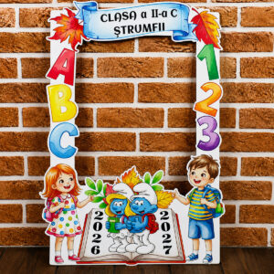 Ramă foto personalizată prima zi de școală Clasa Ștrumfilor, MDF 40x60 cm