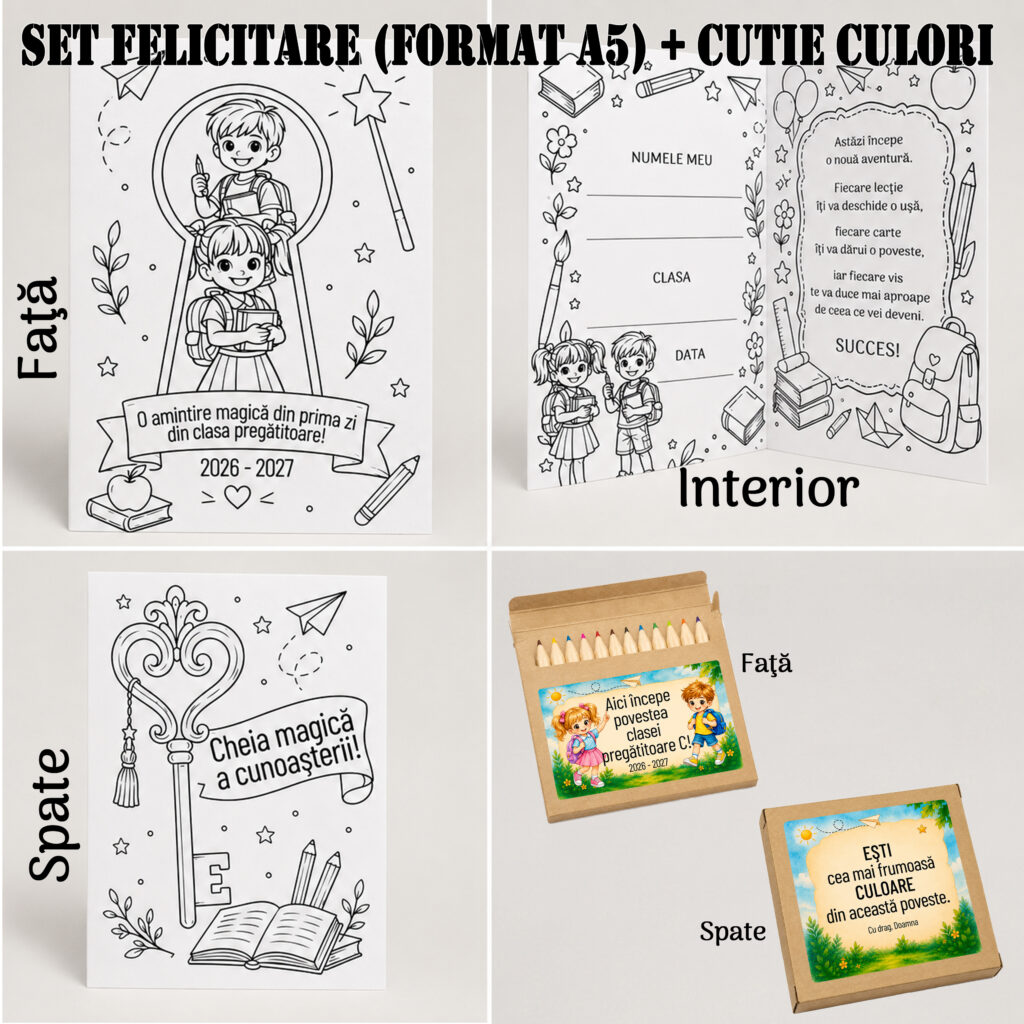 Set prima zi de școală personalizat cu felicitare A5 de colorat și 12 creioane colorate