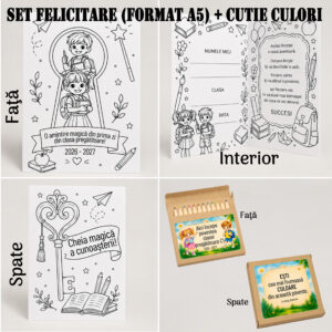 Set prima zi de școală personalizat cu felicitare A5 de colorat și 12 creioane colorate