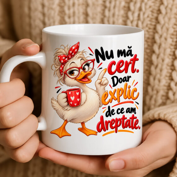 Cană amuzantă cu mesaj Nu mă cert, doar explic de ce am dreptate, ilustrată cu o rățușcă haioasă