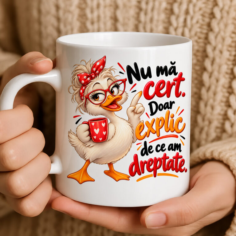 Cană amuzantă cu mesaj Nu mă cert, doar explic de ce am dreptate, ilustrată cu o rățușcă haioasă
