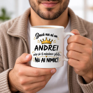 Cană personalizată cu numele Andrei și mesaj amuzant