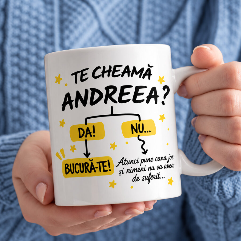 Cană personalizată cu nume Andreea și mesaj amuzant pentru iubitorii de cafea