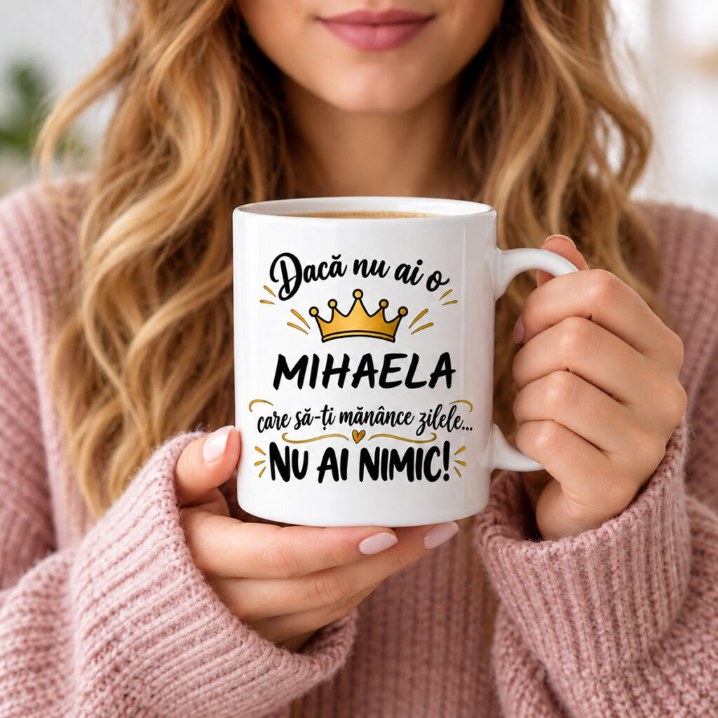 Cană personalizată cu numele Mihaela și mesaj amuzant, ținută în mâini de o femeie