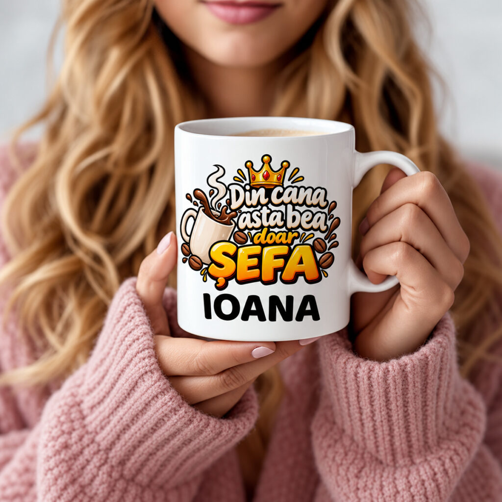 Cană personalizată pentru șefă cu numele Ioana și mesaj amuzant