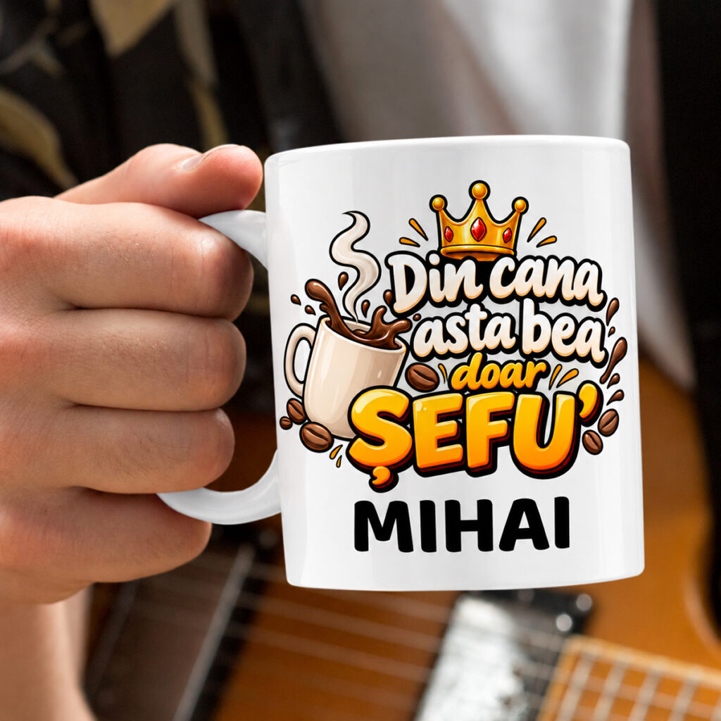 Cană personalizată pentru șef cu numele Mihai și mesaj amuzant